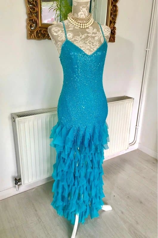 Marcelane Vintage Y2K Turquoise Silk Fairy Ruffle Dress size 12