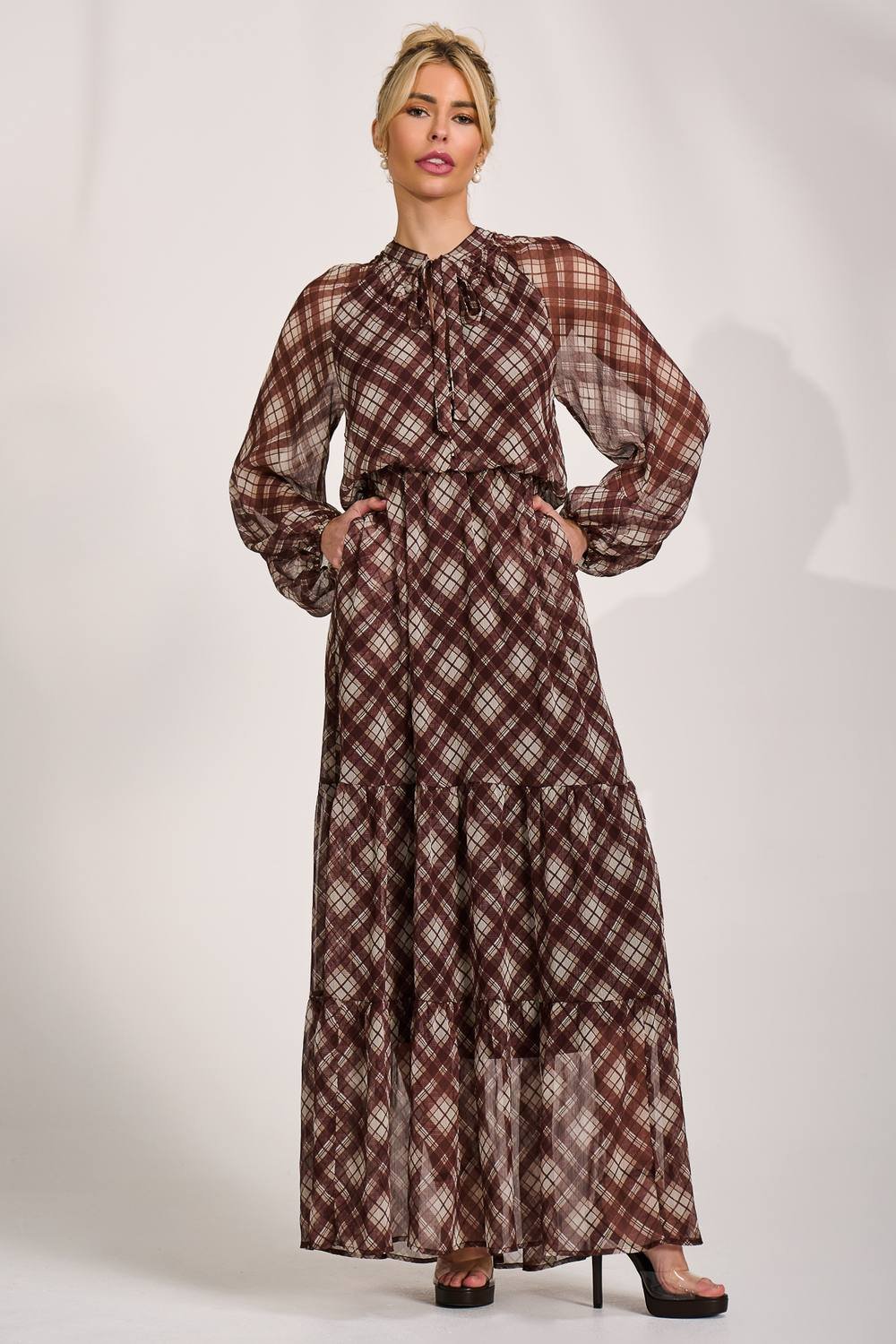 Jolie Moi Jolie Moi Women's Long Sleeve Tie Neck Maxi Dress in Light Brown - 3