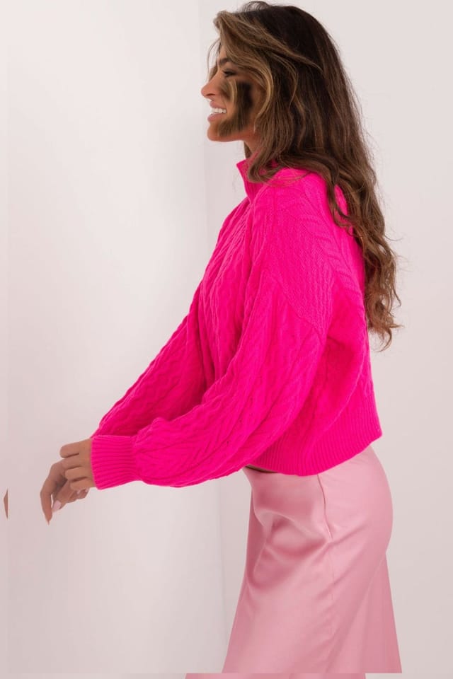 Love Lace Love Lace Women's Short Turtleneck Texture Knit Sweater in Fuchsia - 2