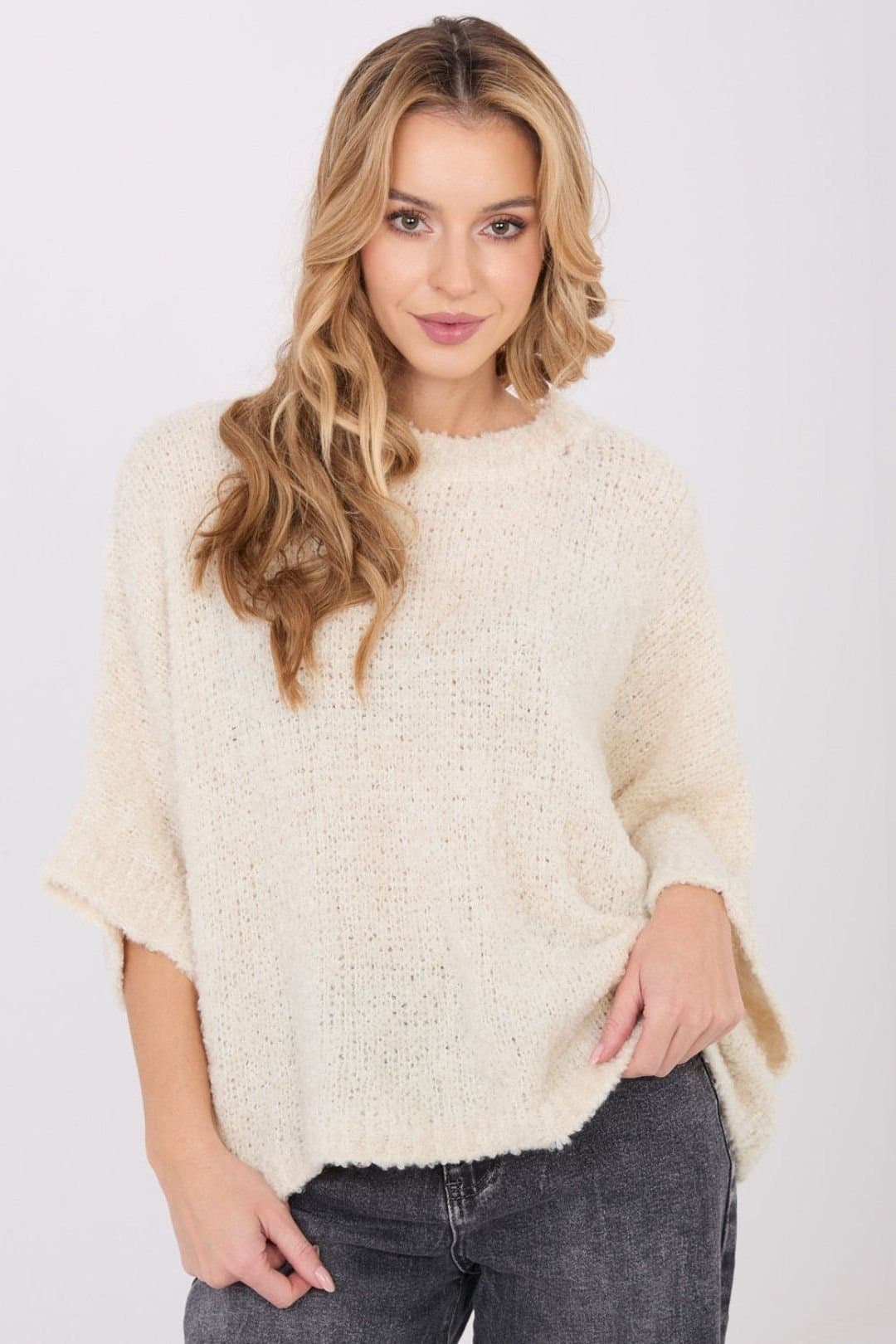 Love Lace Love Lace Beige Boucle Loose Crew Neck 3/4 Sweater