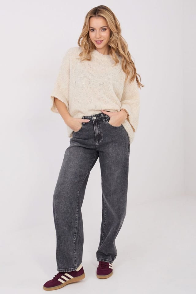 Love Lace Love Lace Women's Boucle Loose Crew Neck 3/4 Sweater in Beige - 2