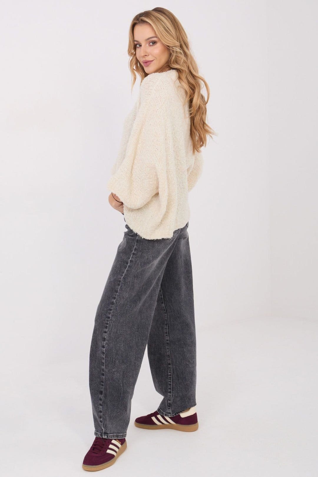 Love Lace Love Lace Women's Boucle Loose Crew Neck 3/4 Sweater in Beige - 4
