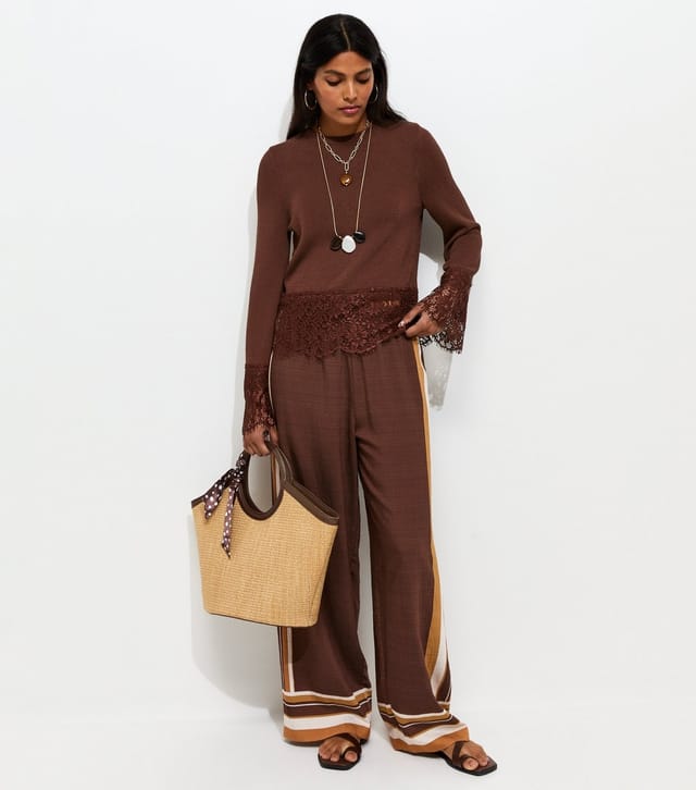 New Look Women's Dark Brown Scalloped Lace Hem Jumper New Look - 2