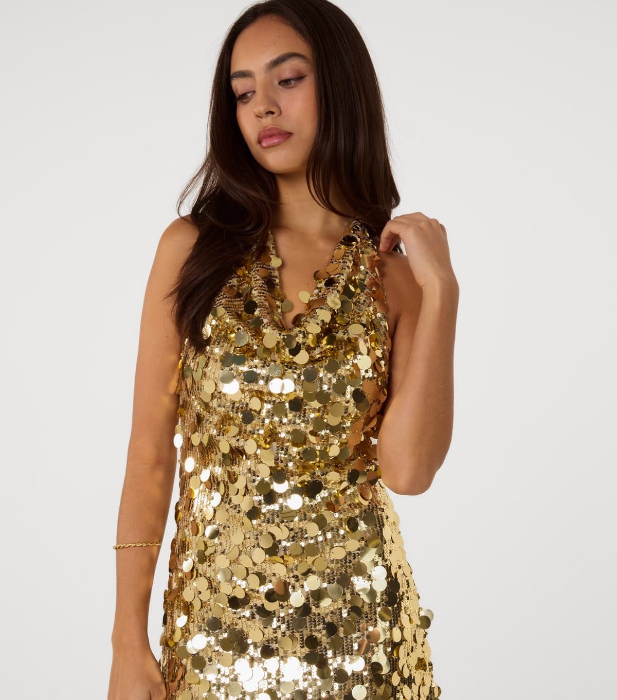 Pink Vanilla Women's Gold Sequin Halter Neck Mini Dress Pink Vanilla New Look