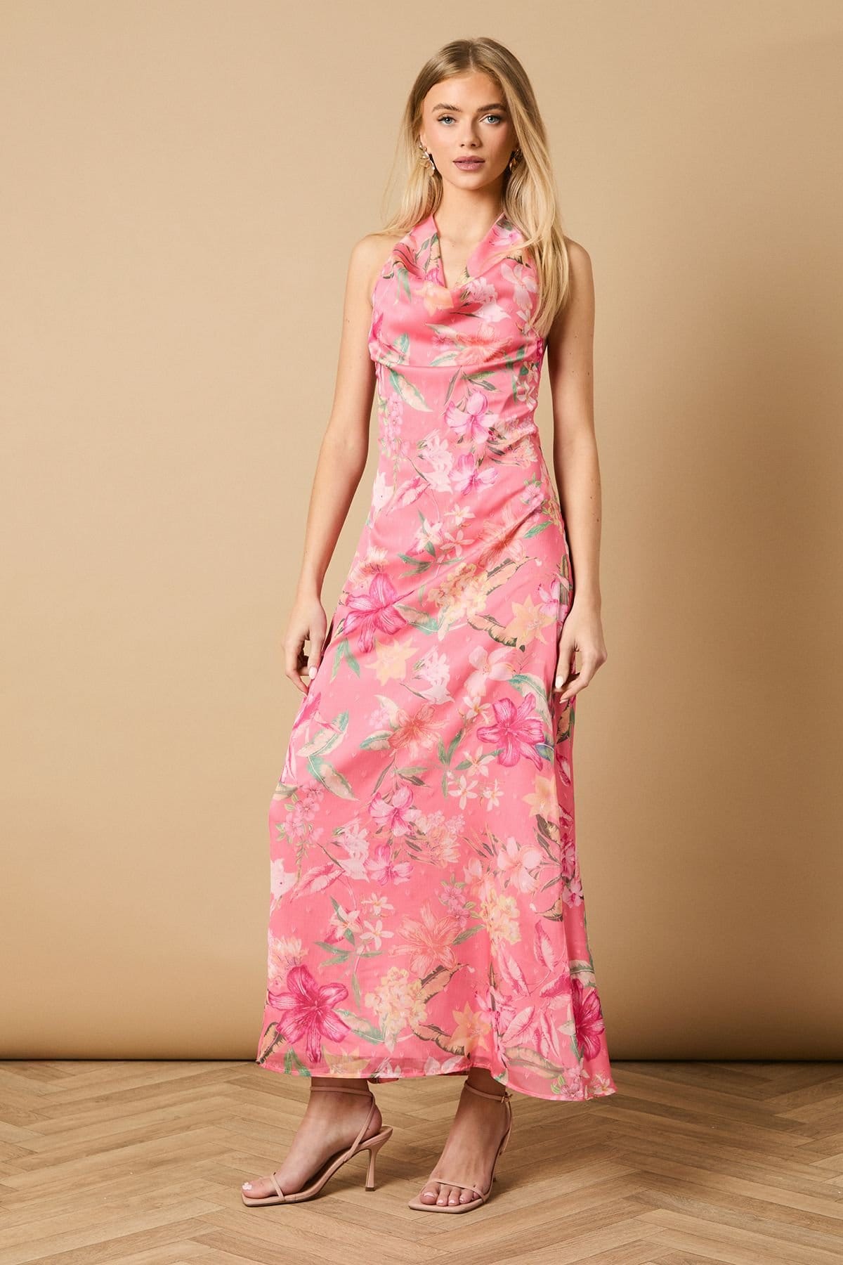 Oasis Pink Floral Mesh Dobby Halterneck Maxi Dress