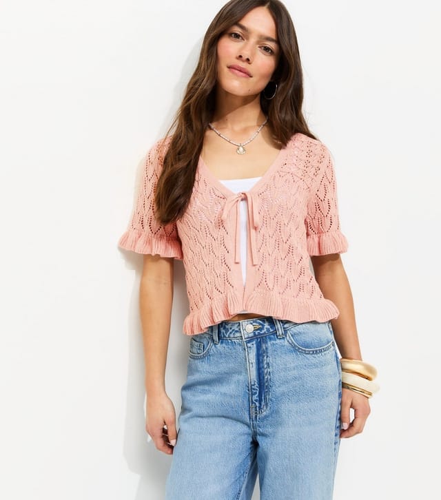 New Look Women's Petite Light Pink Open Knit Stitch Tie Short Sleeve Cardigan New Look - 2