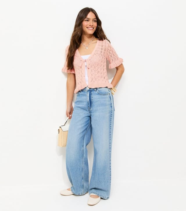 New Look Women's Petite Light Pink Open Knit Stitch Tie Short Sleeve Cardigan New Look - 3