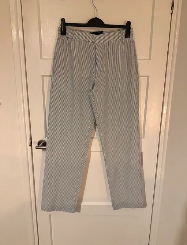 ASOS Design Asos design linen mix slim suit jacket and straight leg trousers in blue pinstripe