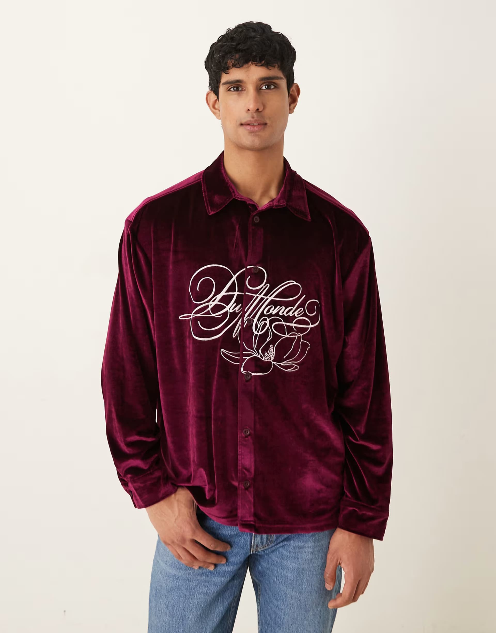 ASOS ASOS DESIGN oversized velour shirt with embroidery in burgundy