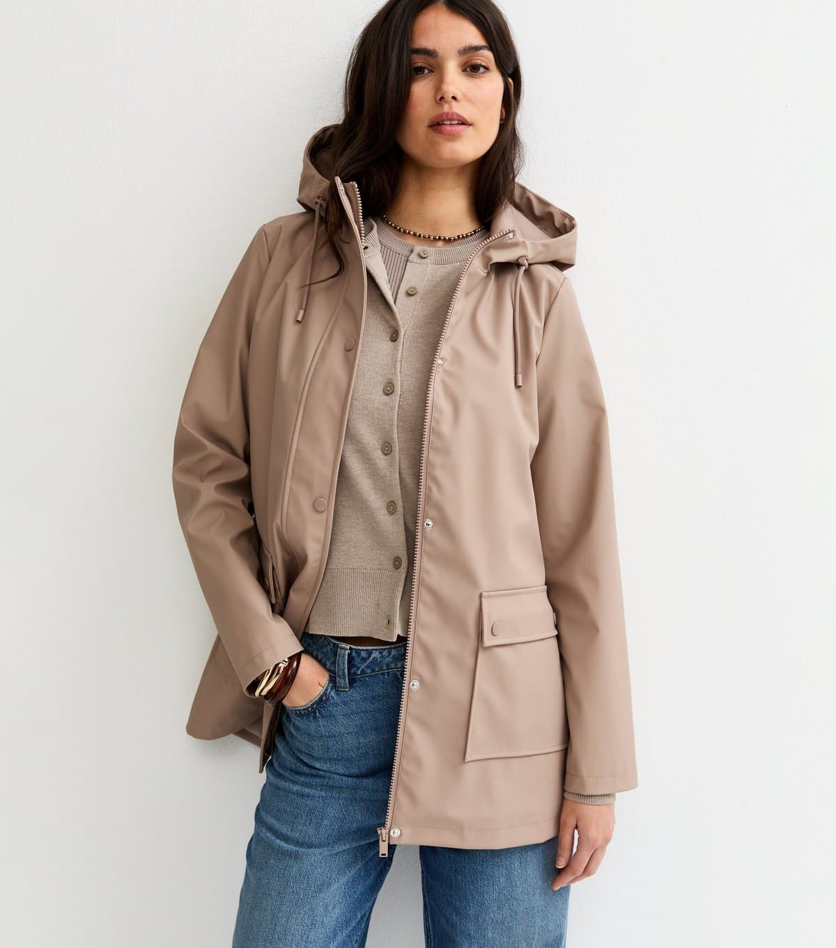 New Look Women's Mink Water Resistant Drawstring Hood Rain Anorak New Look