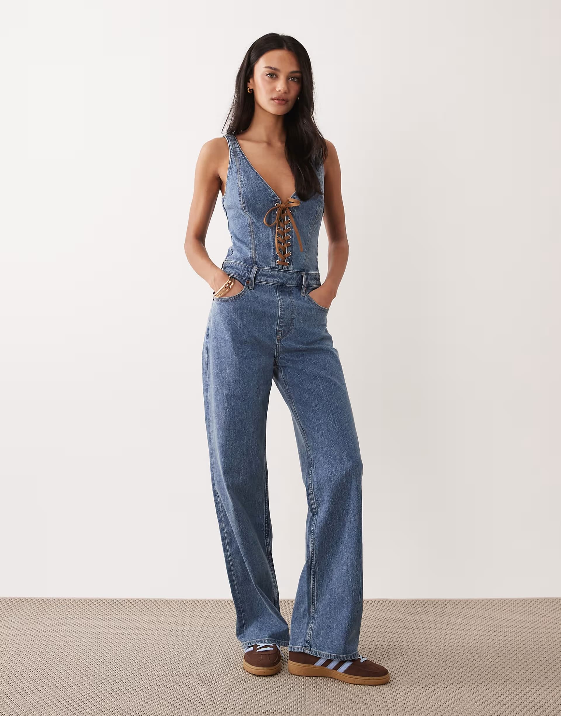 ASOS Abercrombie & Fitch flared denim jumpsuit with lace up front in light blue 