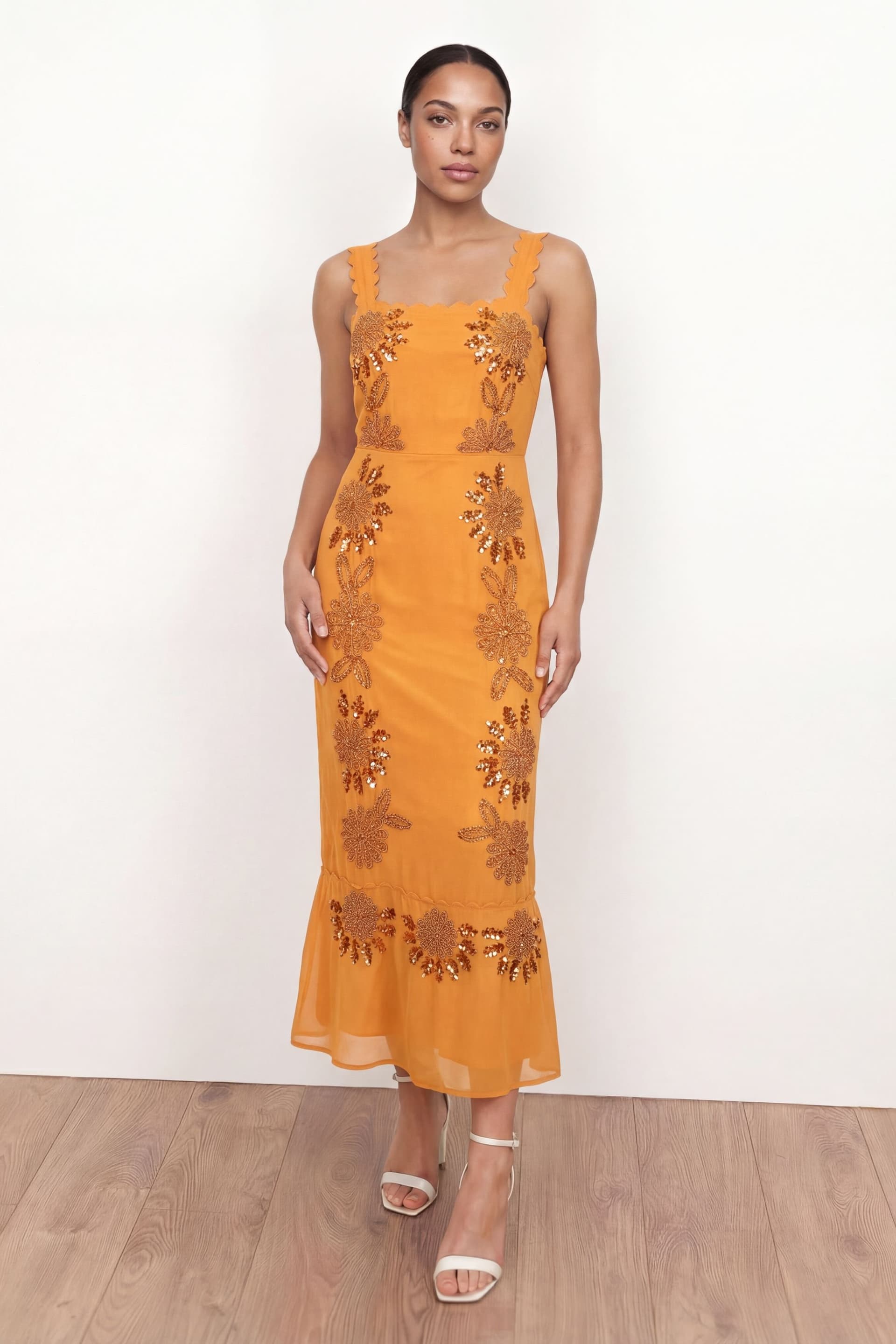 Maya Deluxe Maya Deluxe Women's Embellished Square Neck Strappy Midaxi Dress in Amber