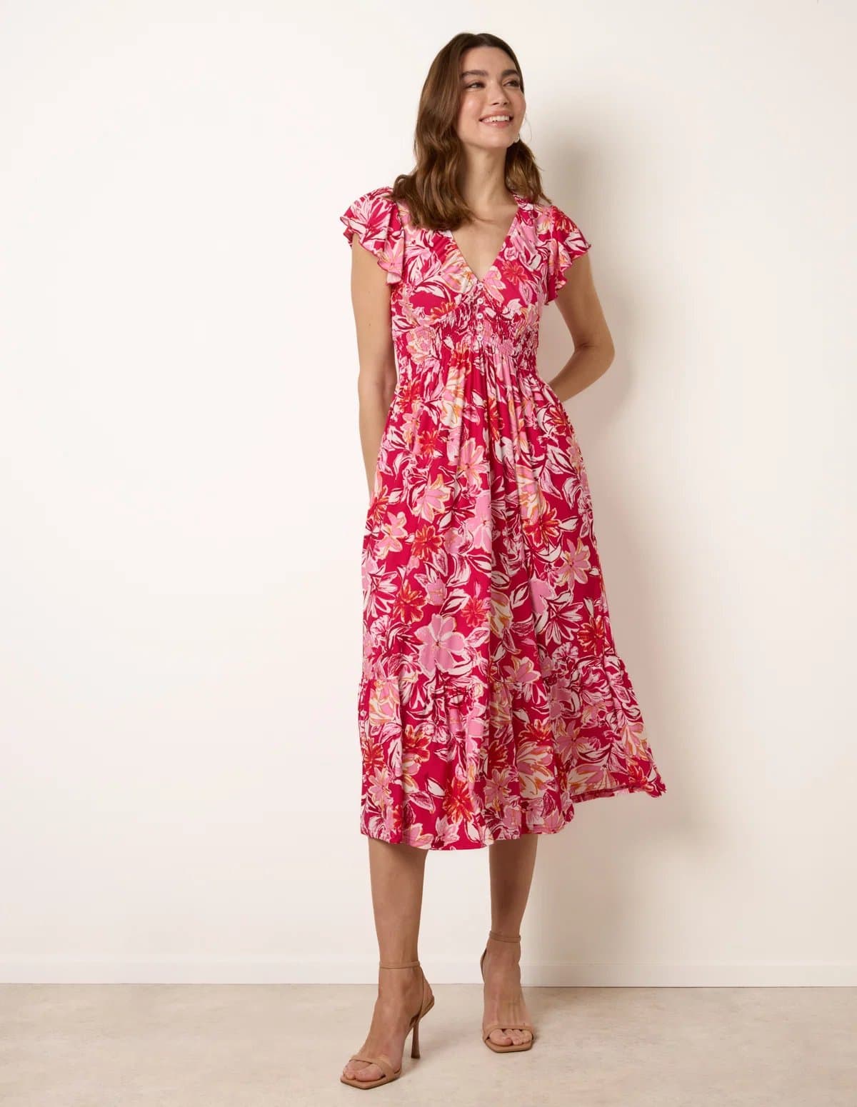 Blue Vanilla Tropical Print Flutter Sleeve Midi Dress