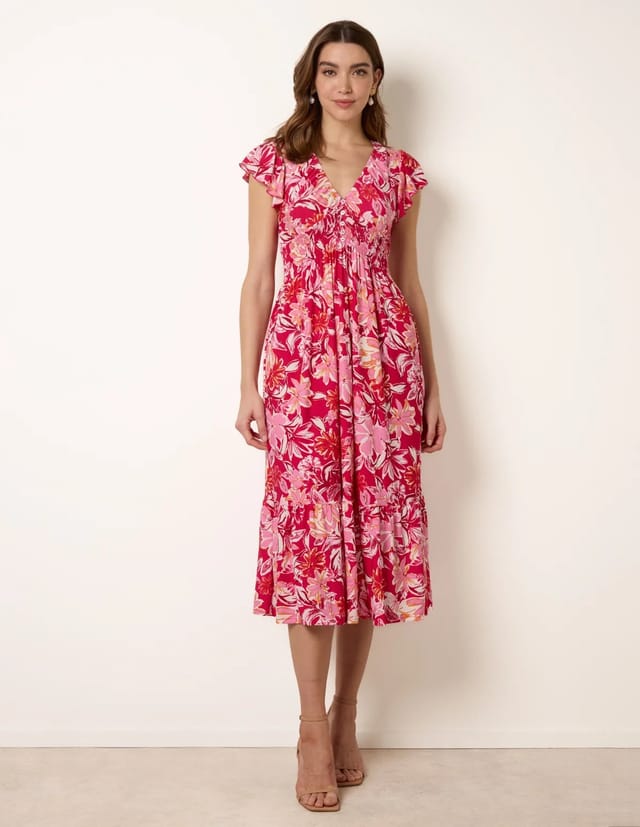 Blue Vanilla Tropical Print Flutter Sleeve Midi Dress - 3