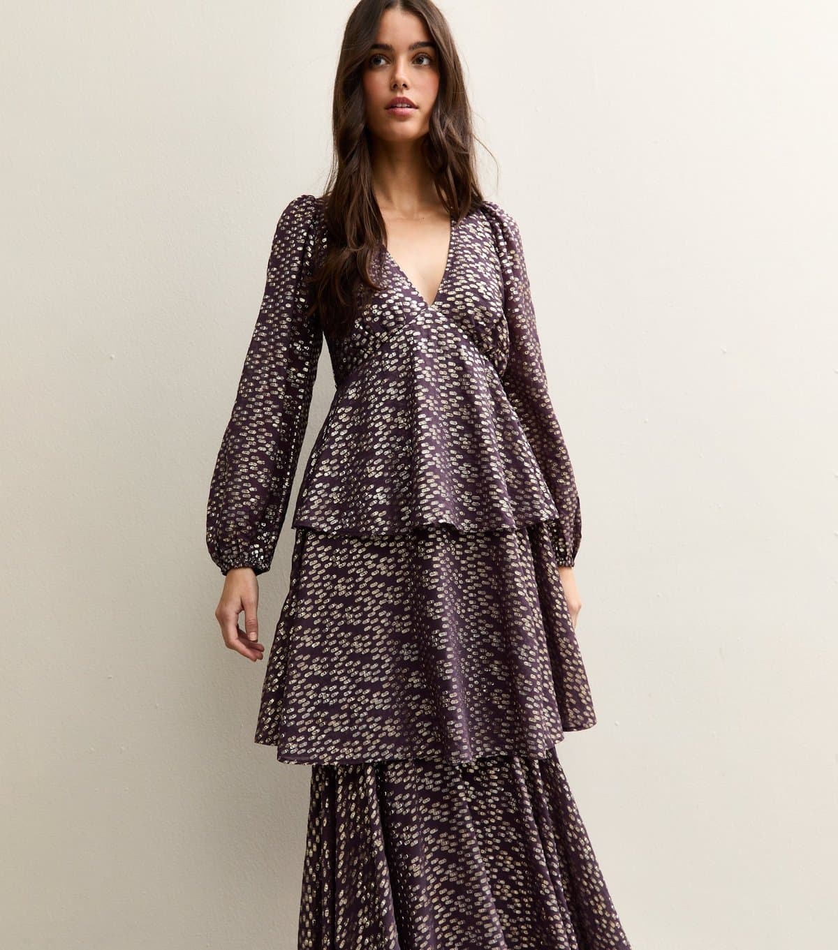 New Look Women's Purple Metallic Jacquard Tiered Maxi Dress New Look