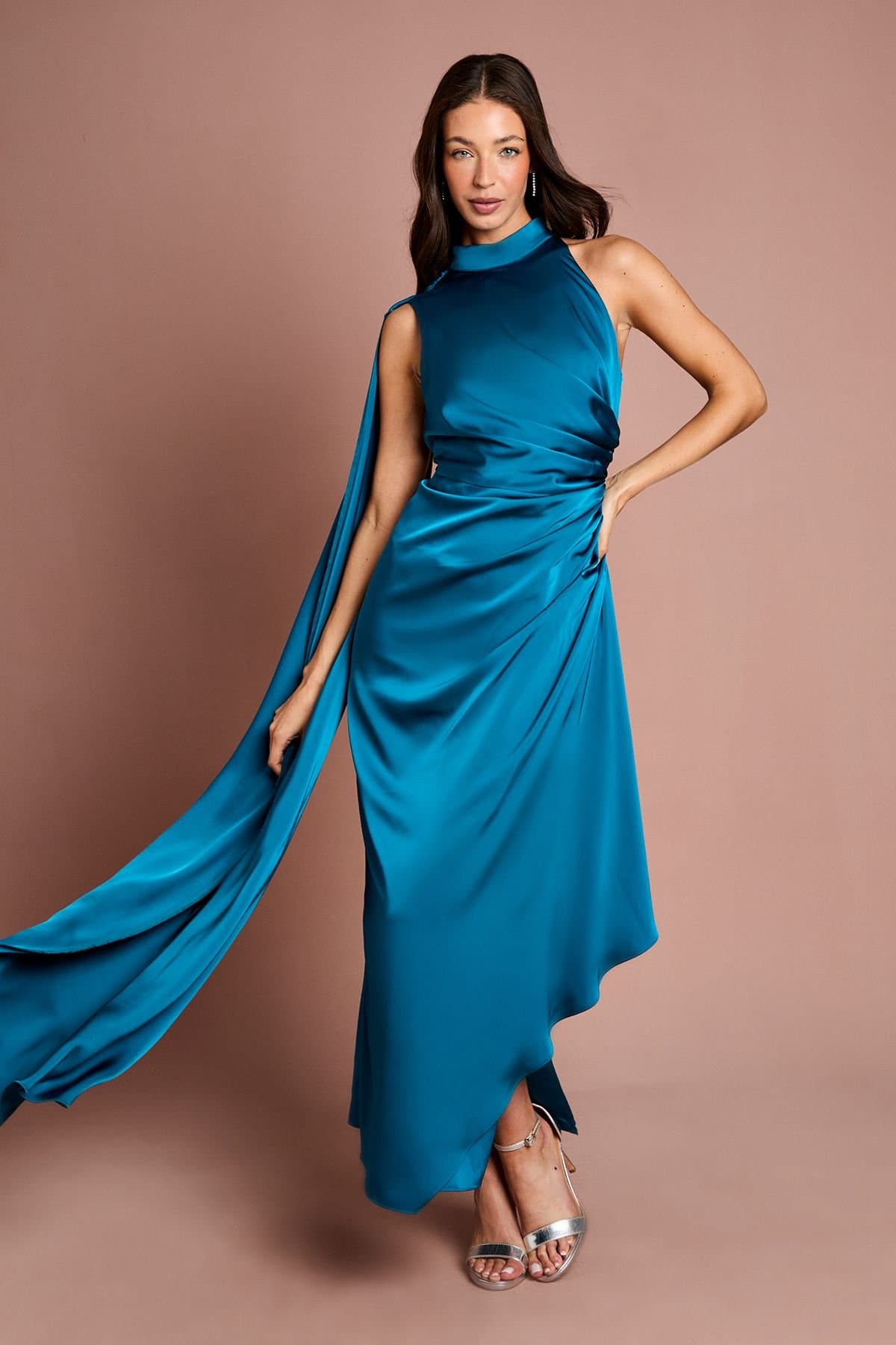 Coast Coast Women's Satin Ruched Detail Cap Midi Dress in Teal