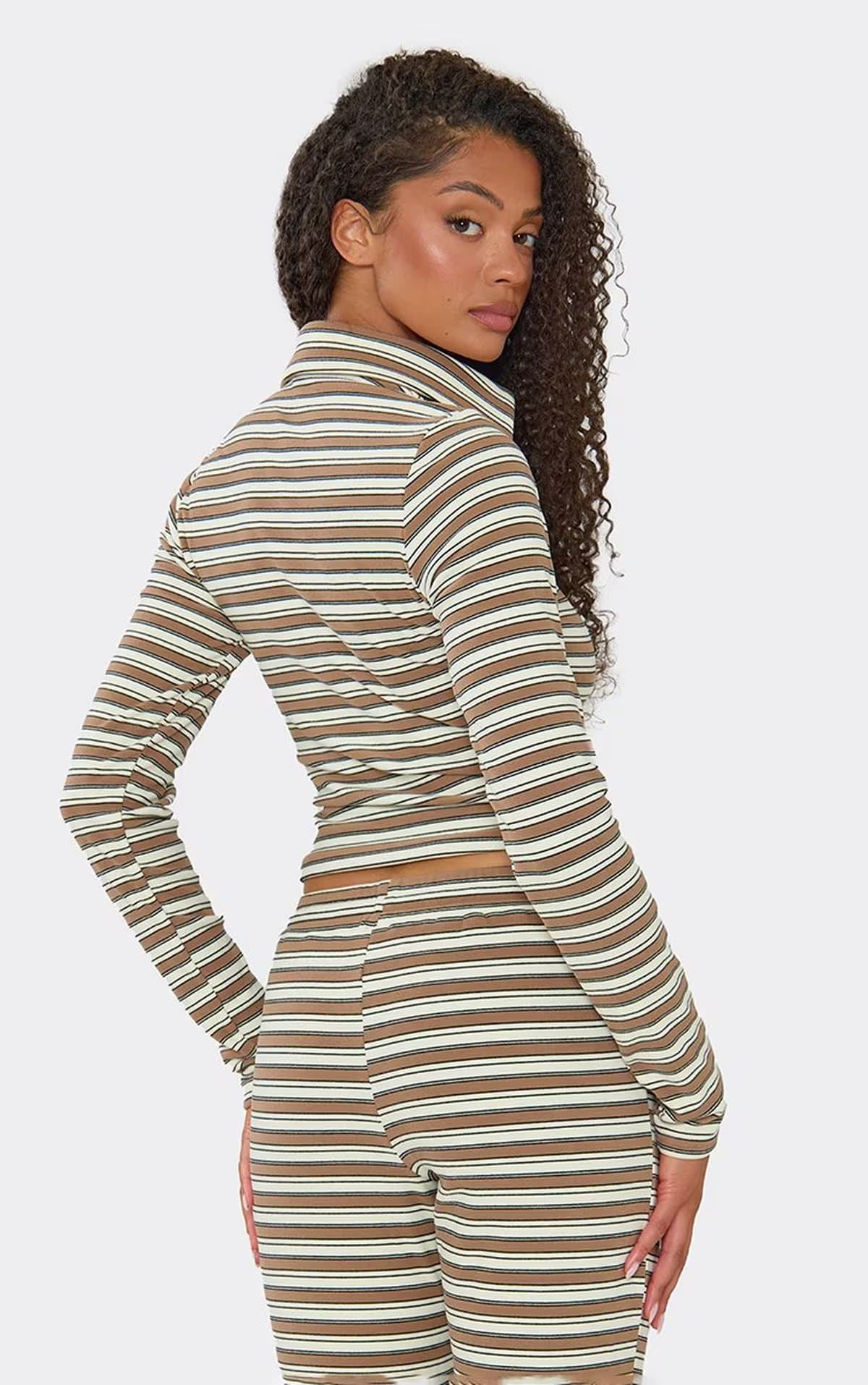 EGO Long Sleeve Button Detail Top In Brown Soft Stripe Fleece, Women's Size UK 6
