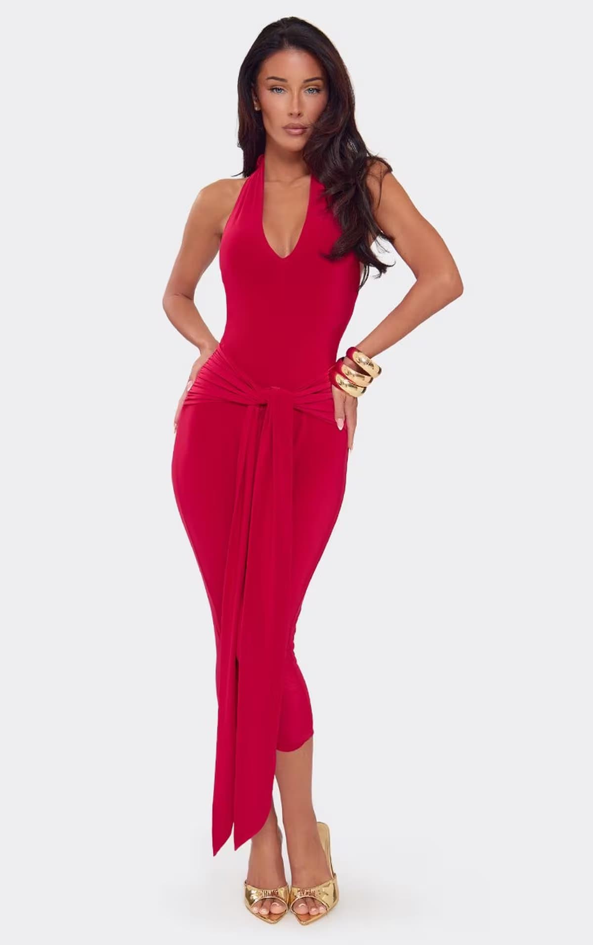 EGO Halterneck Plunge Front Tie Drape Detail Capri Jumpsuit In Red Slinky, Women's Size UK 6
