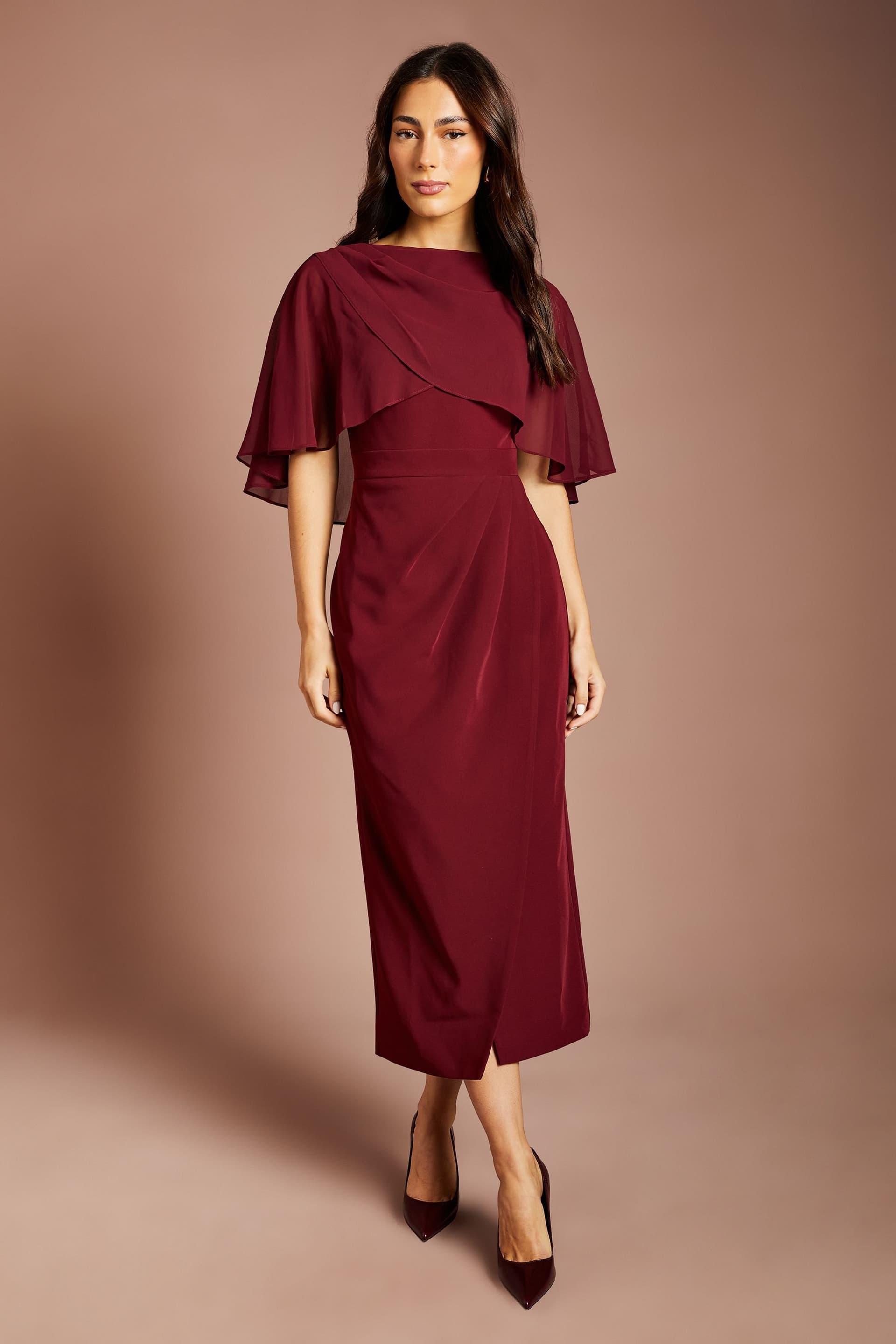 Coast Coast Women's Chiffon Cape Pencil Midi Dress in Burgundy
