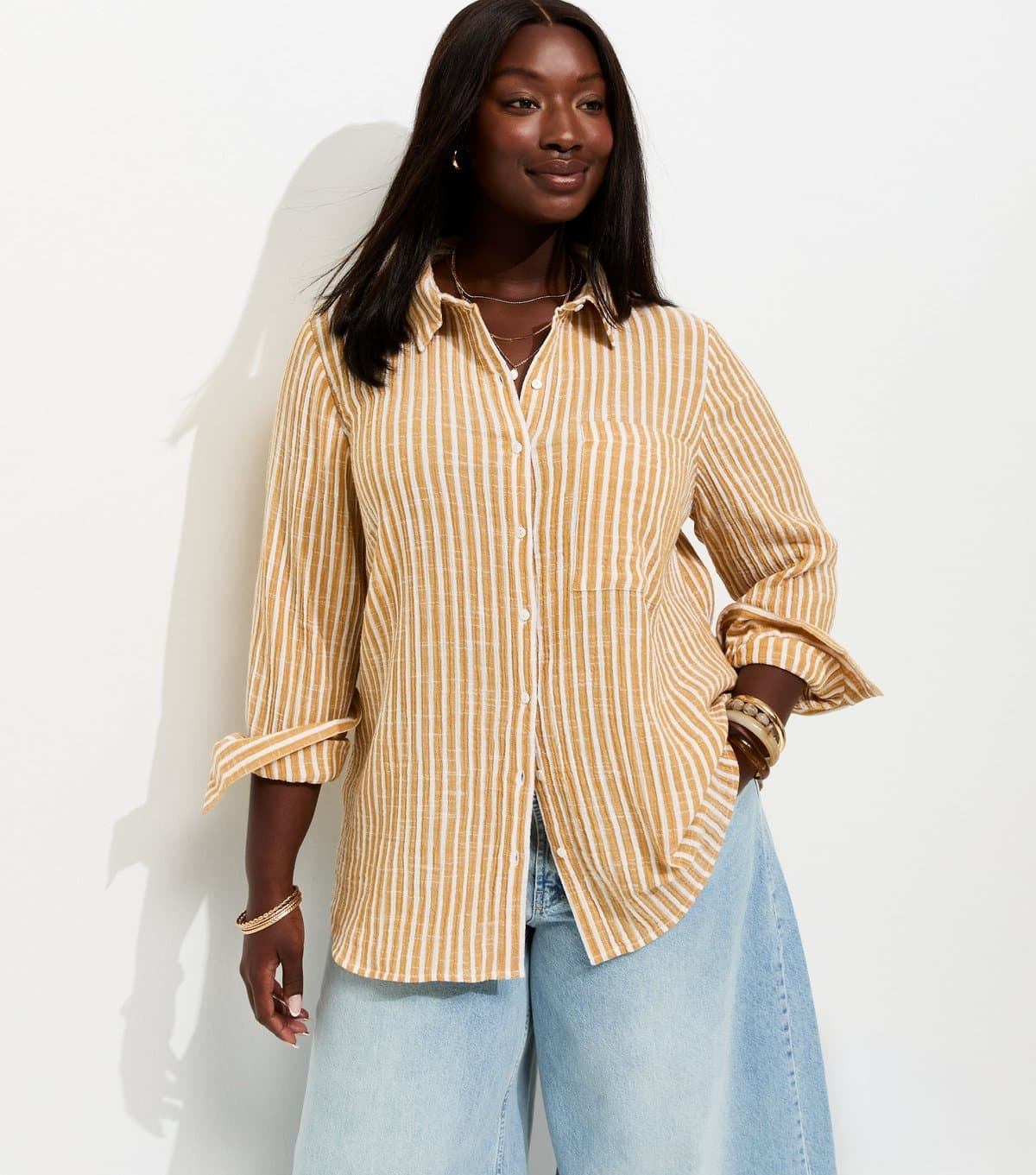 New Look Women's Plus Size Yellow Cotton Striped Long Sleeve Shirt Curves New Look