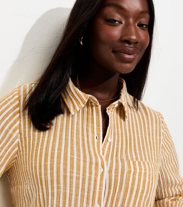 New Look Women's Plus Size Yellow Cotton Striped Long Sleeve Shirt Curves New Look - 2