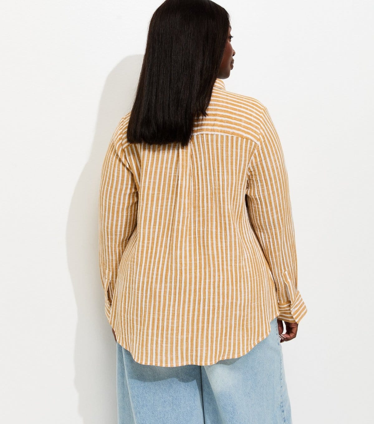 New Look Women's Plus Size Yellow Cotton Striped Long Sleeve Shirt Curves New Look - 4
