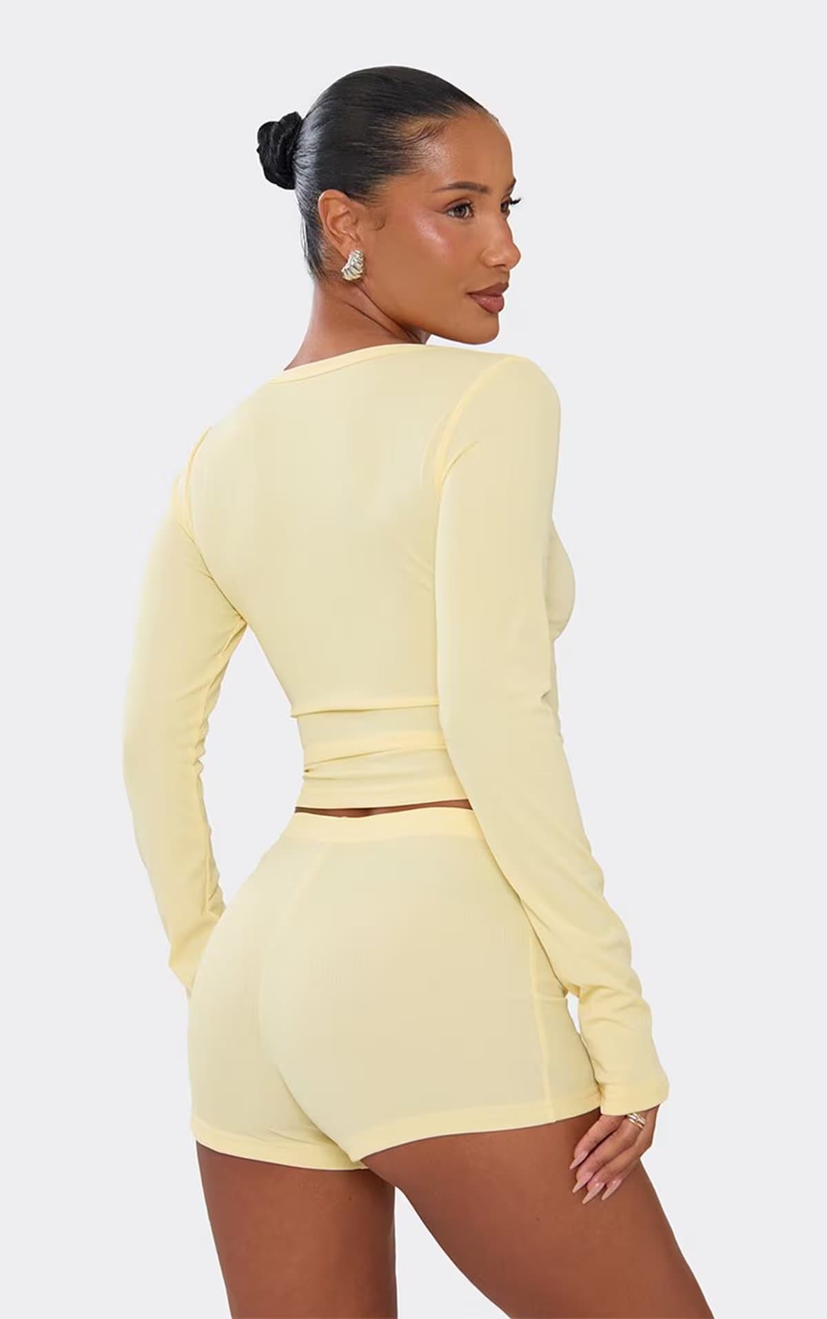 EGO Long Sleeve Button Front Top And Shorts Pyjama Set In Lemon., Women's Size UK S