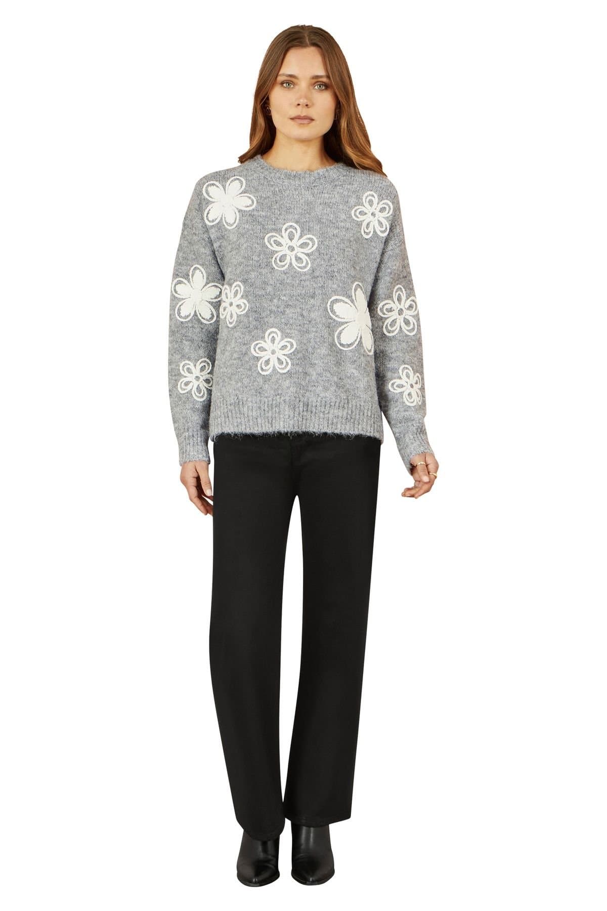 Yumi Yumi Women's Grey Relaxed Jumper With Crochet Flowers