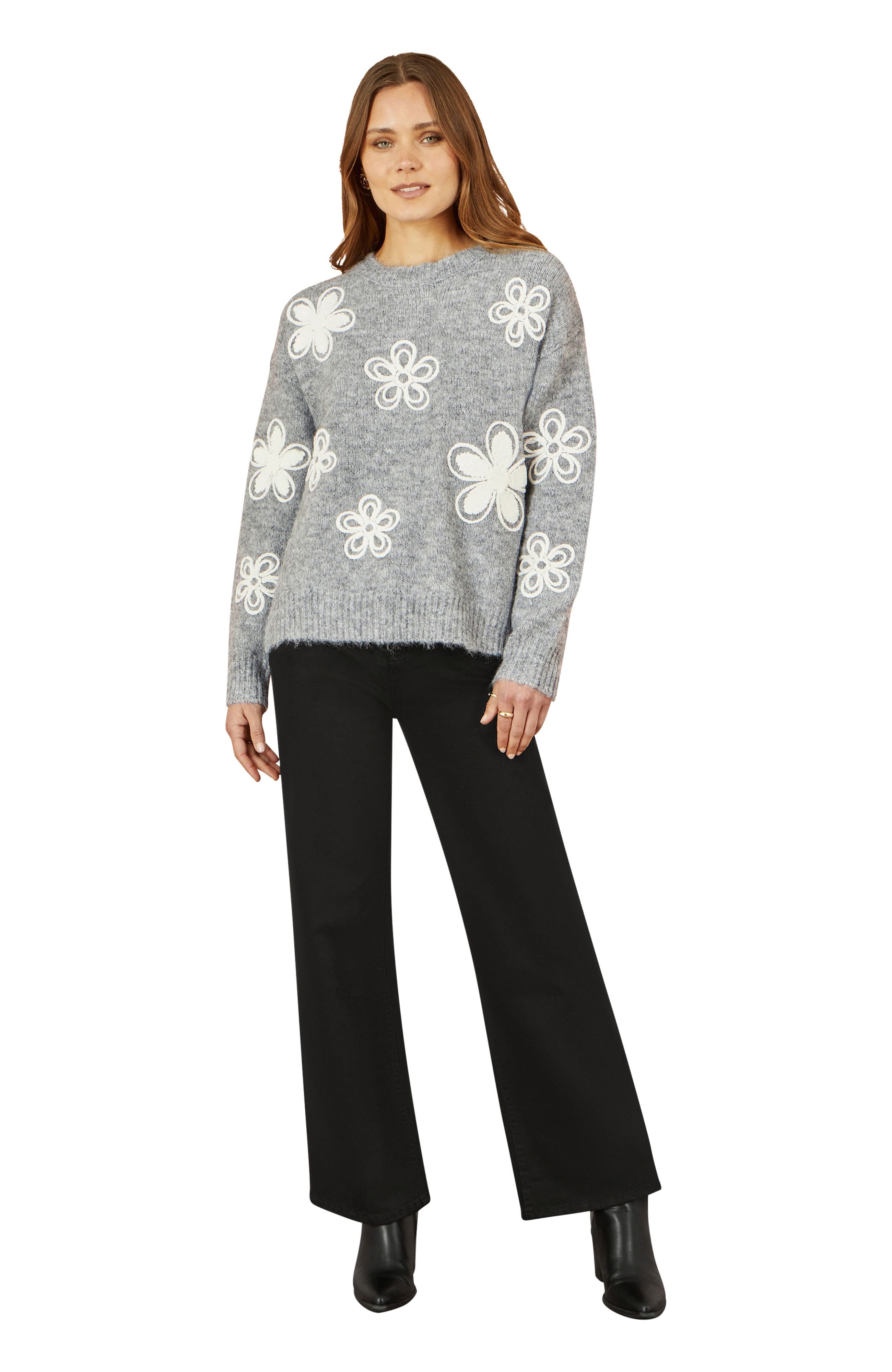 Yumi Yumi Women's Grey Relaxed Jumper With Crochet Flowers - 2