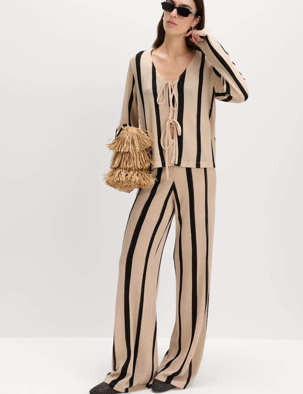 Marks & Spencer M&S Striped Wide Leg Trousers Black Mix