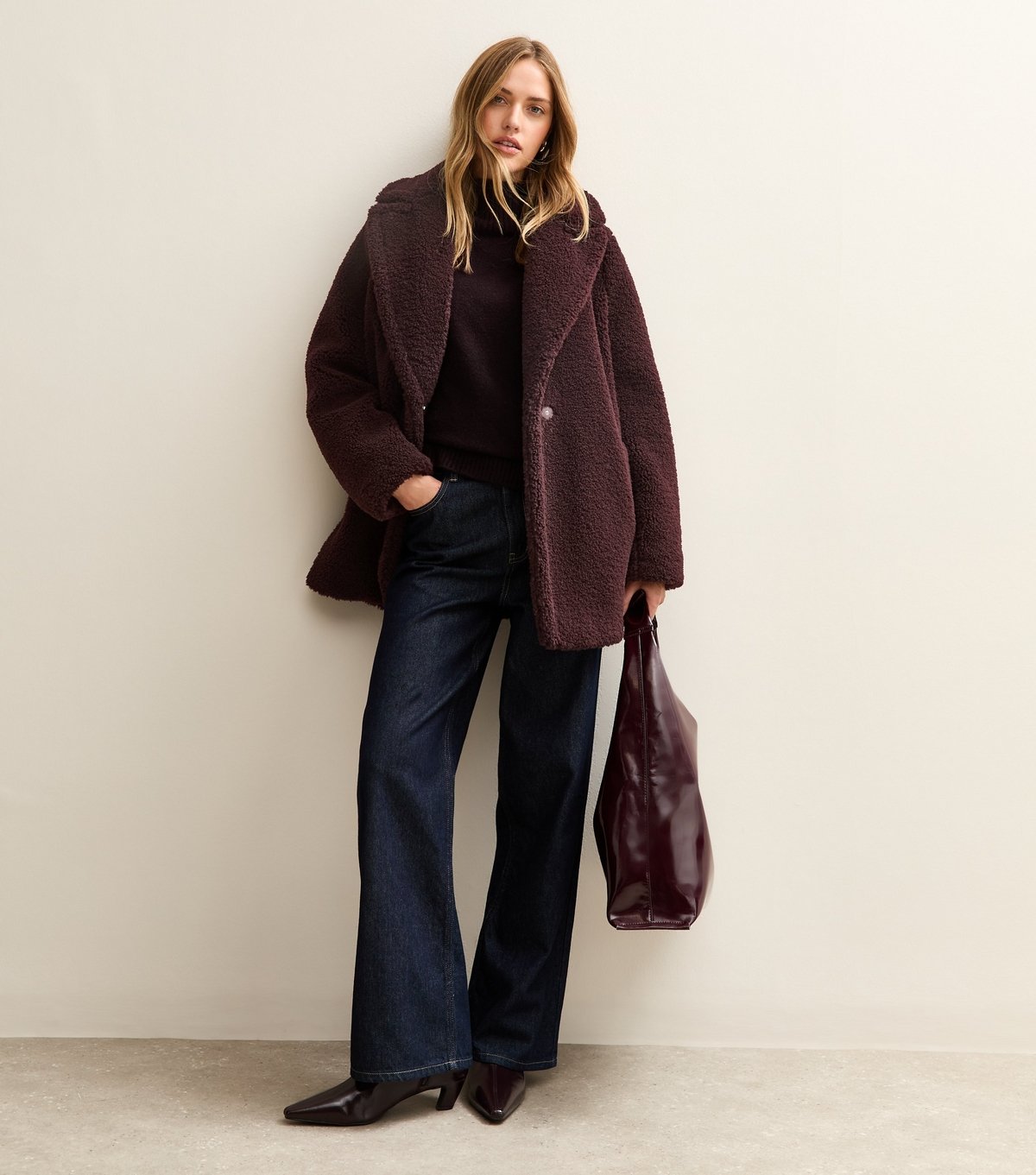 New Look Women's Dark Burgundy Collared Long Sleeve Borg Coat New Look - 3