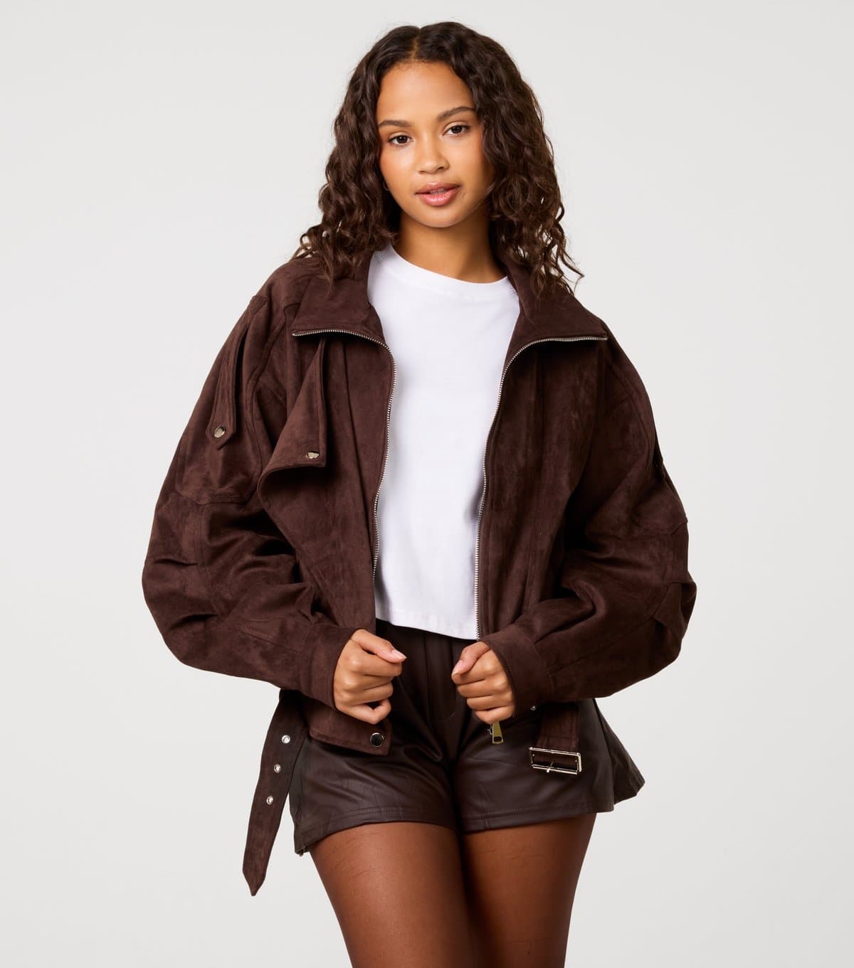 Pink Vanilla Pink Vanilla Dark Brown Oversized Faux Suede Jacket