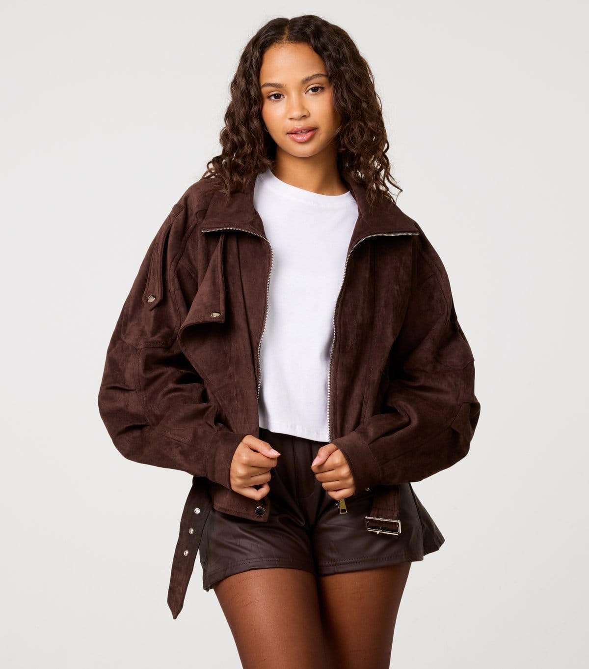 Pink Vanilla Dark Brown Oversized Faux Suede Jacket