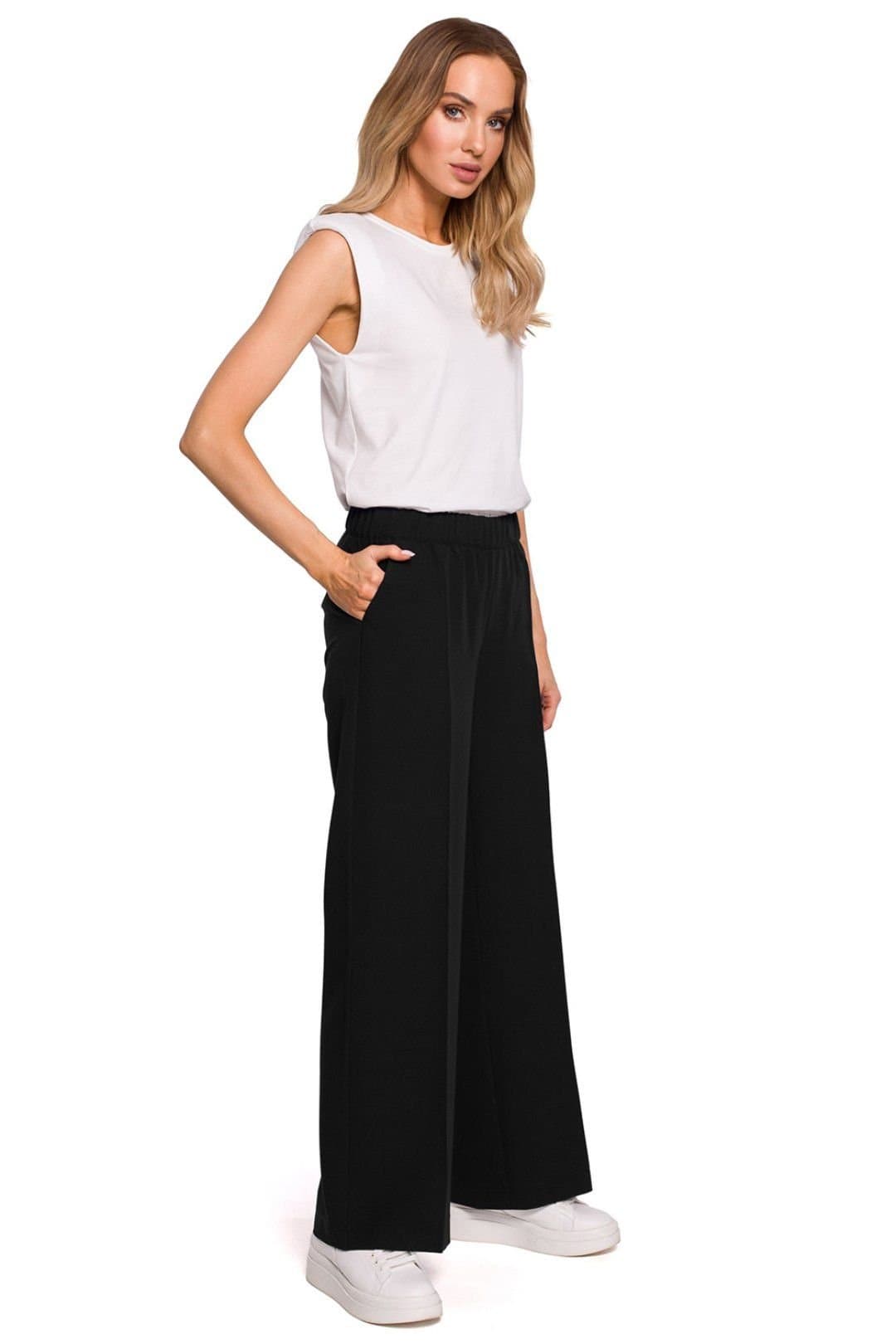 Love Lace Love Lace Women's Wide Leg Pleated Trousers with Elastic Waist in Black