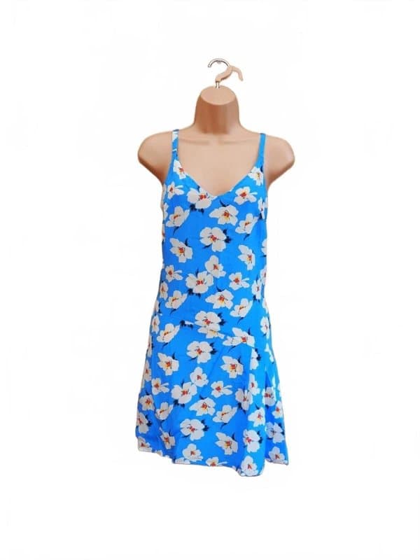 Topshop Topshop blue white floral silk strappy v neck shift mini summer dress 6 xs