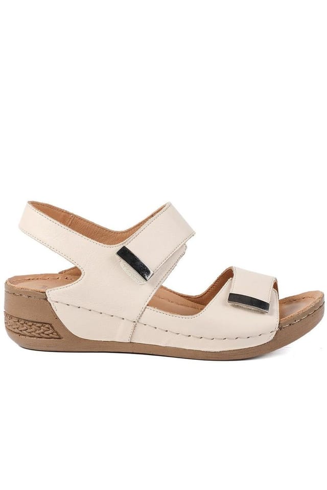 Pavers Pavers Women's Leather Touch Fasten Wedge Sandals in Beige - 2