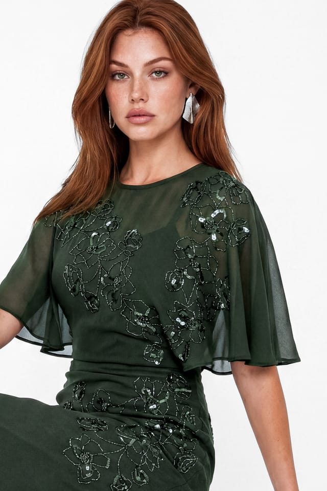 Maya Deluxe Maya Deluxe Women's Floral Embellished Angel Sleeve Maxi Dress in Bottle Green - 3
