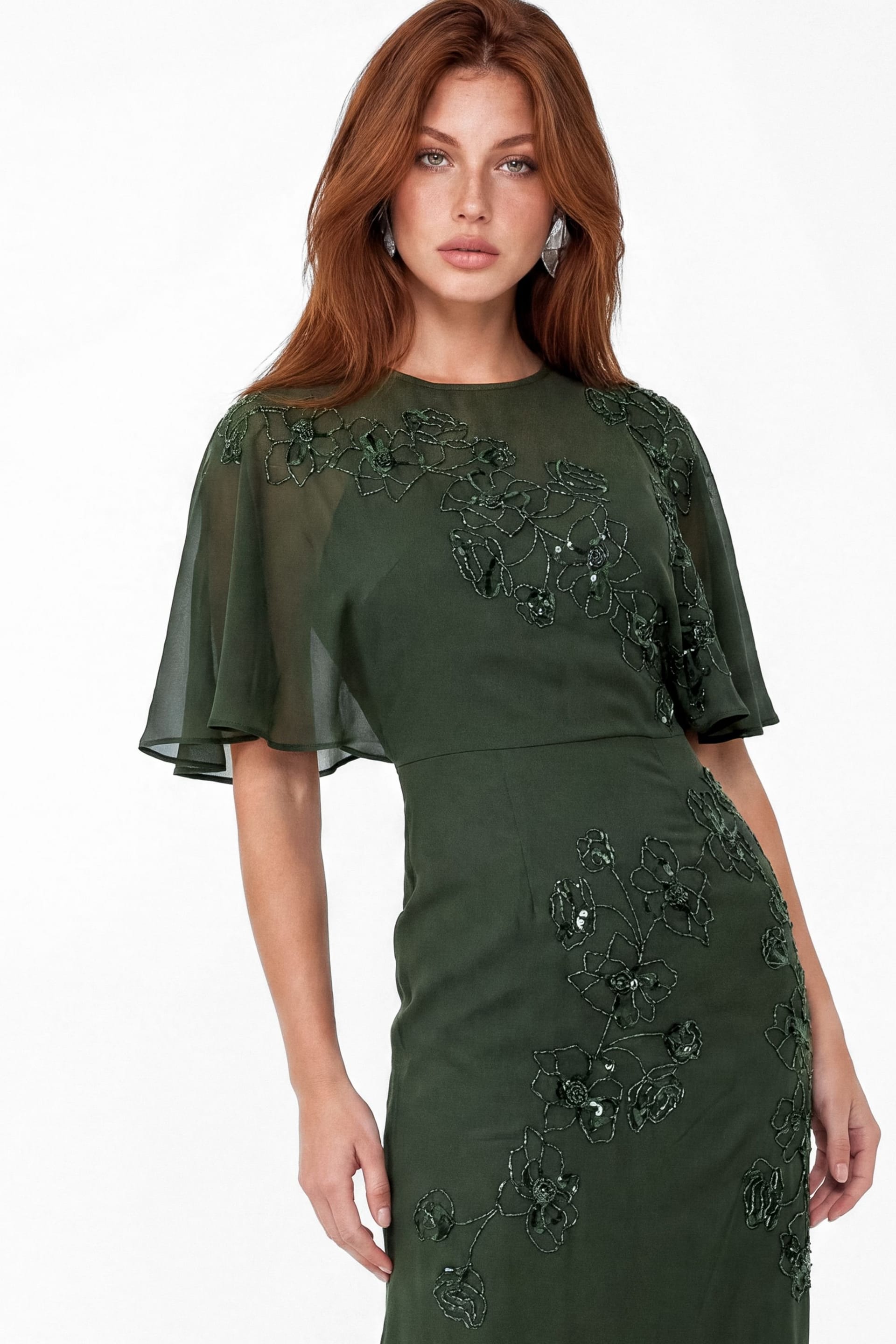 Maya Deluxe Maya Deluxe Women's Floral Embellished Angel Sleeve Maxi Dress in Bottle Green - 4
