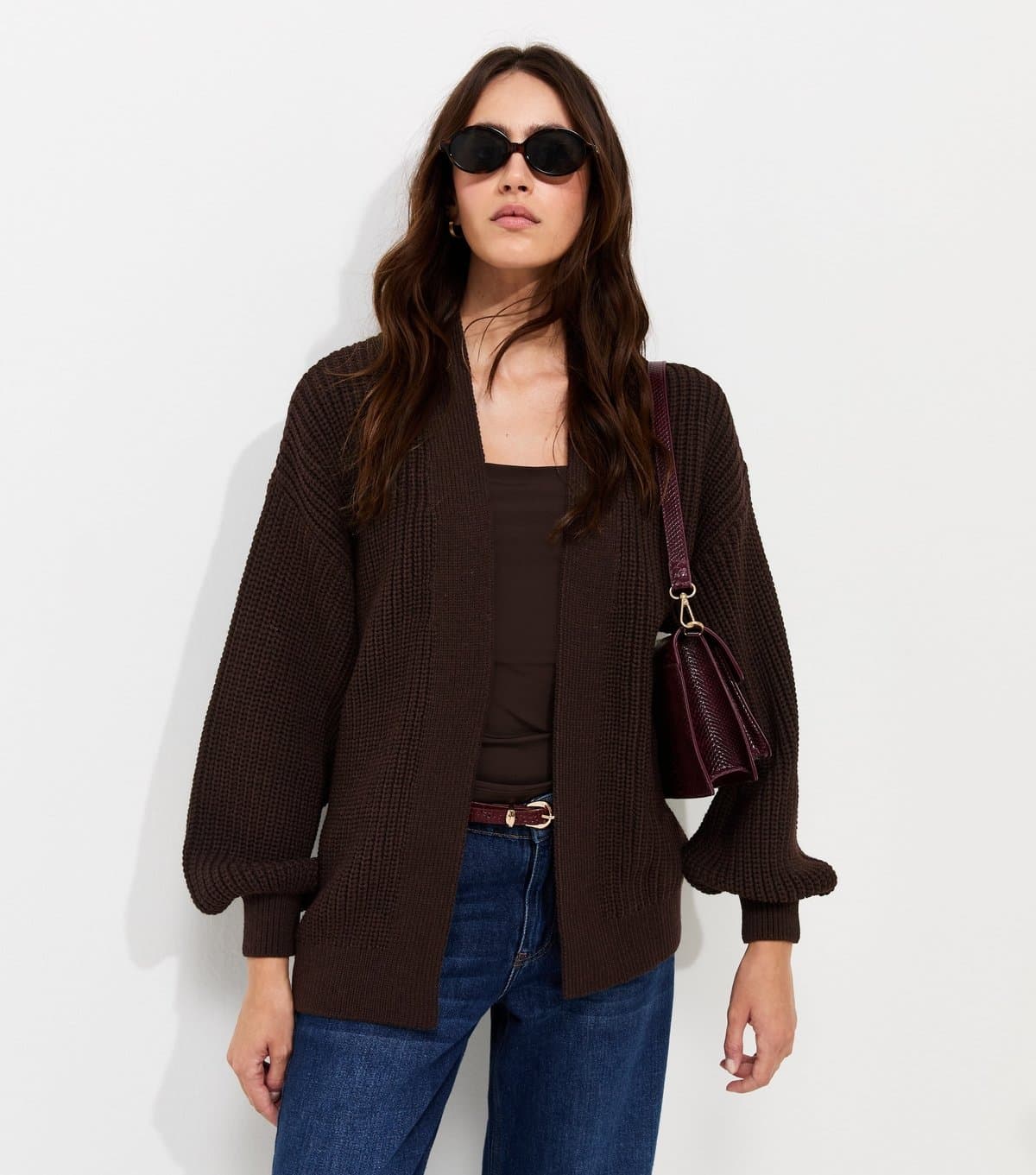 New Look Women's Dark Brown Ribbed Knit Balloon Sleeve Cardigan New Look