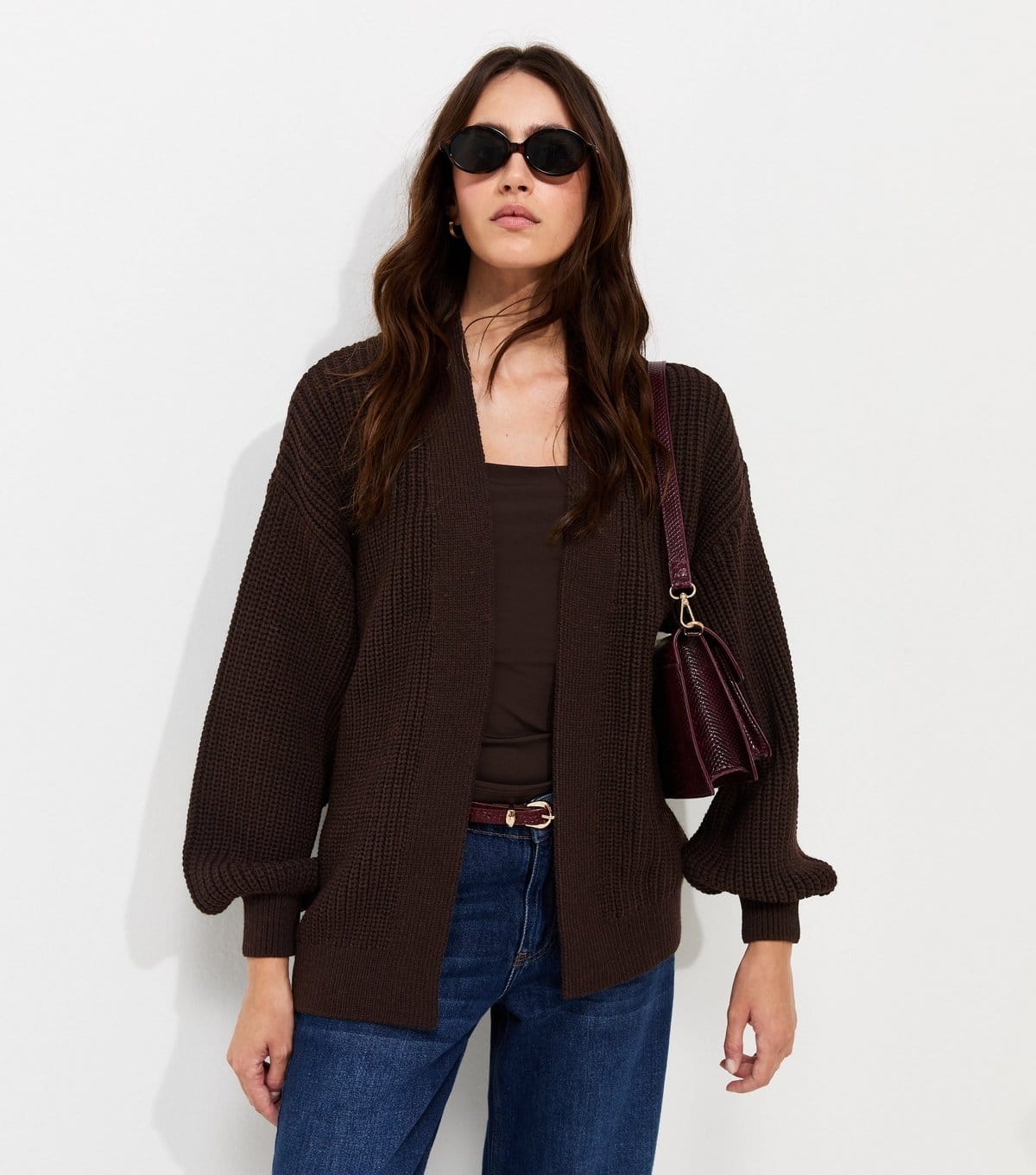 New Look Dark Brown Ribbed Knit Balloon Sleeve Cardigan