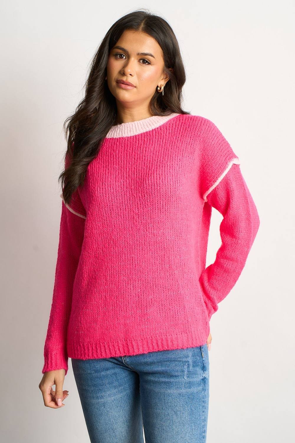Sarta Sarta Women's Contrast Stitch Italian Wool Blend Jumper in Pink - 1