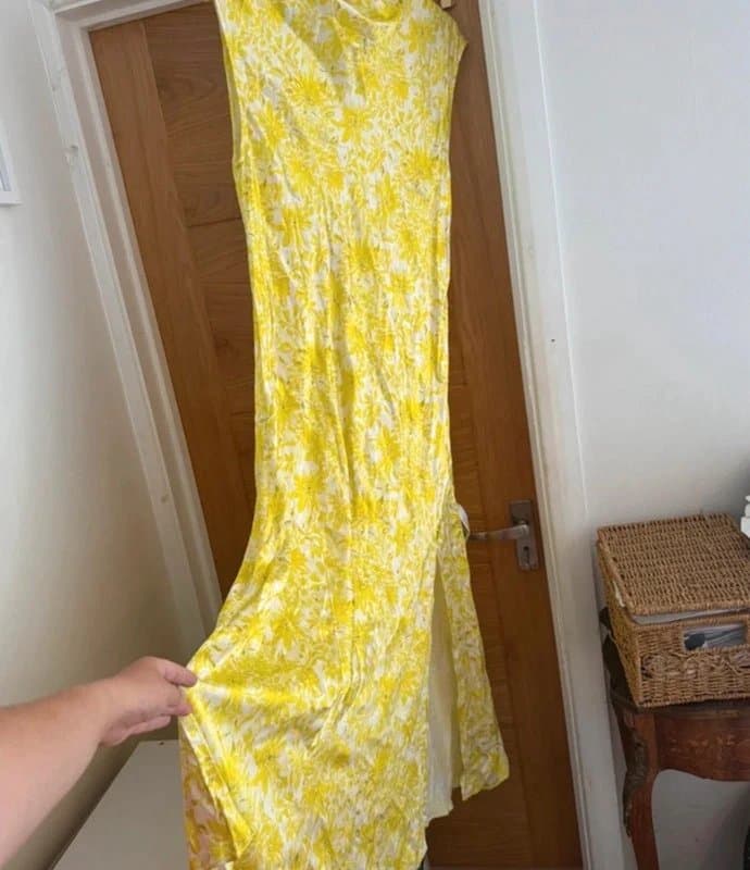 Topshop Topshop Lime Yellow & White Abstract Retro Floral Satin Drape Neck Slip Maxi Dress