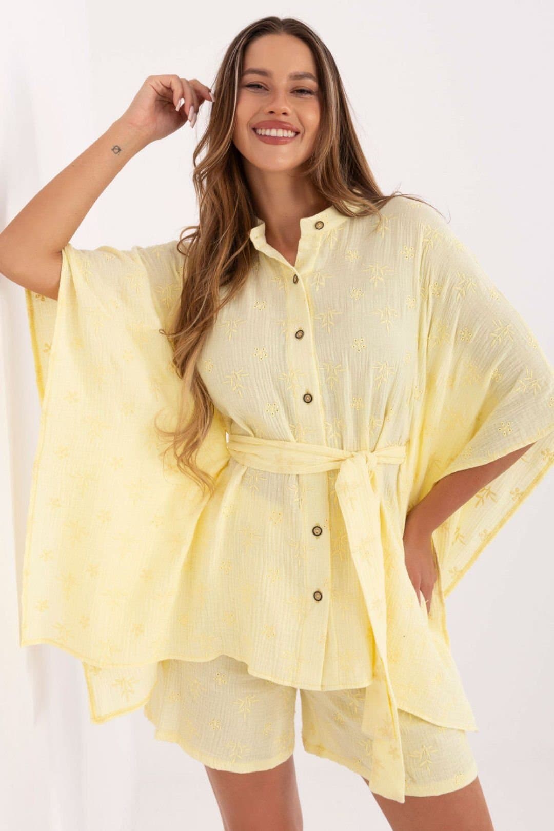 Love Lace Love Lace Women's Muslin Embroidered Shirt & Shorts Set in Yellow