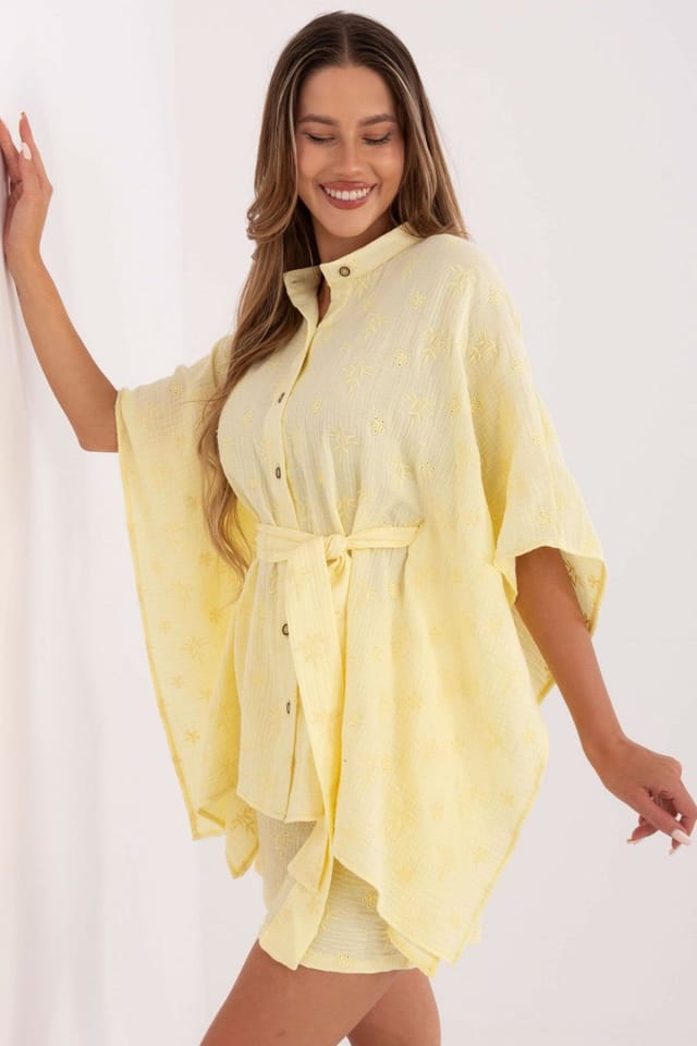 Love Lace Love Lace Women's Muslin Embroidered Shirt & Shorts Set in Yellow - 2