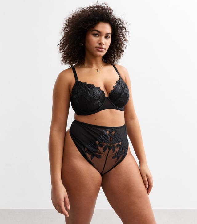 New Look Women's Plus Size Black Floral Applique Non Padded Bra Curves New Look - 3