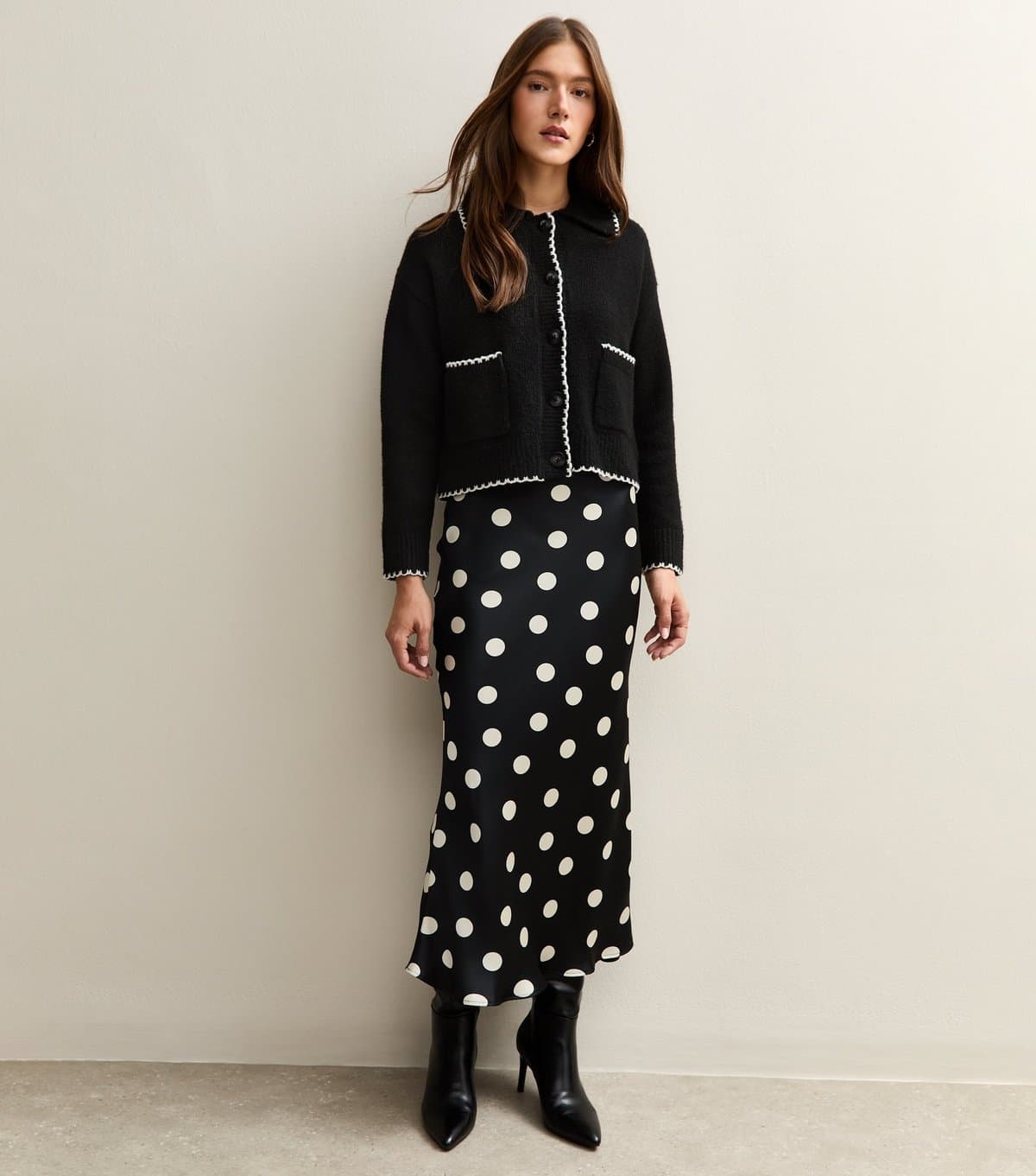 New Look Women's Black Polka Dot Bias Cut Midi Skirt New Look