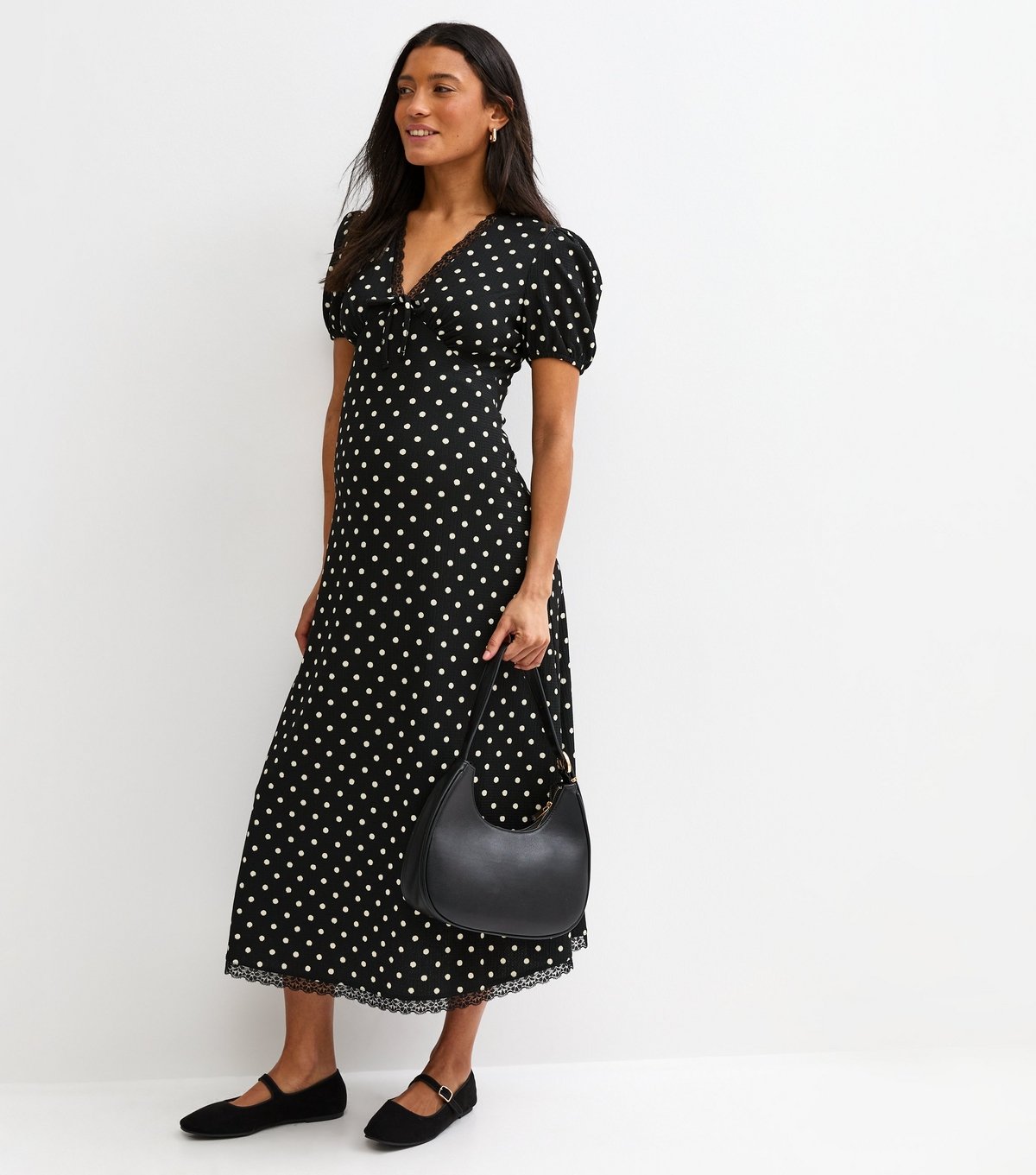 New Look Women's Maternity Black Polka Dot Lace Trim Midi Dress New Look - 3