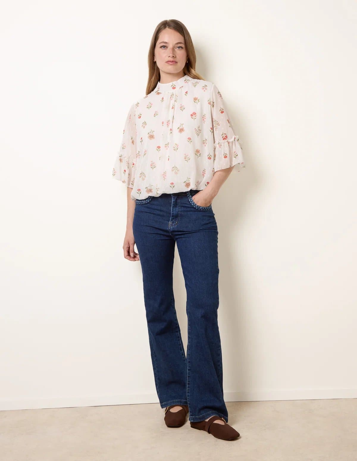 Blue Vanilla High Neck Frill Sleeve Dobby Floral Print Puffball Blouse