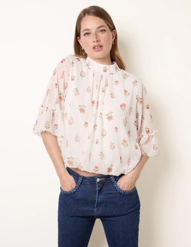 Blue Vanilla High Neck Frill Sleeve Dobby Floral Print Puffball Blouse - 2