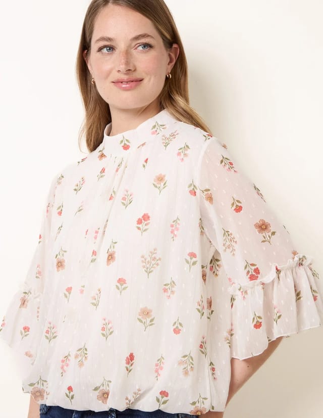 Blue Vanilla High Neck Frill Sleeve Dobby Floral Print Puffball Blouse - 3